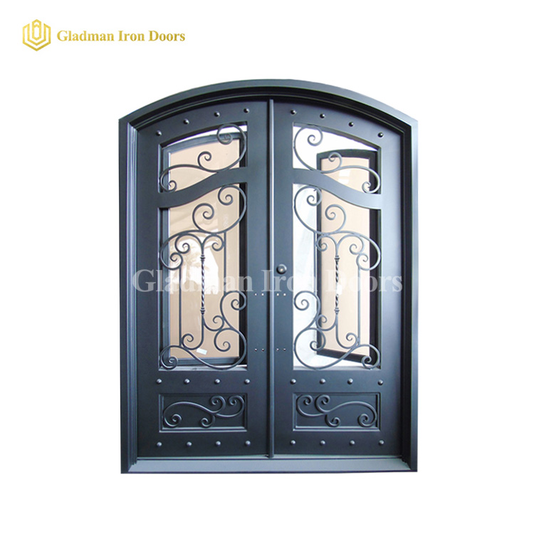 Eyebrow Top Design Wrought Iron Security Double Door W/ Frame and Threshold