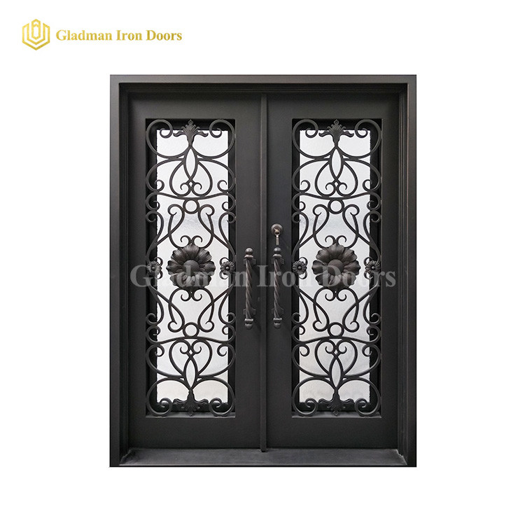 Double Wrought Iron Front Door Square Top W/ Special Sun Flower