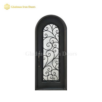 Single Wrought Iron Front Door W/ Round TOP Tempered Insulating Glass