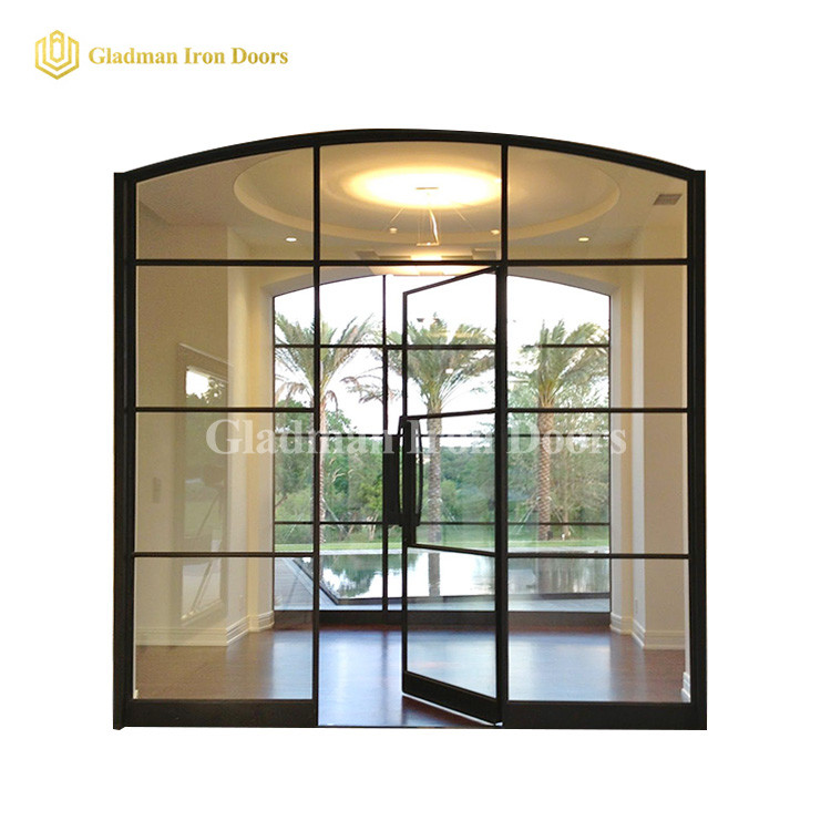 Custom French Style Doors Iron Arch Top 3 Panels W/ Transom Clear Glasses