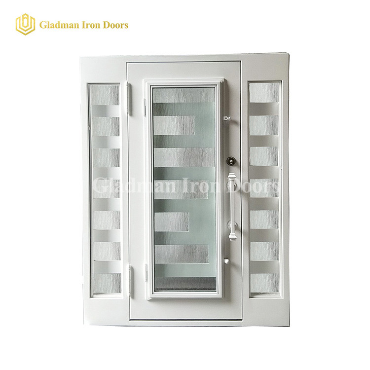 Customized White Modern Iron Single Door With Sidelight and Square Frame and Threshold- 62 x 81 x 6 Inches-Right Hand Inswing