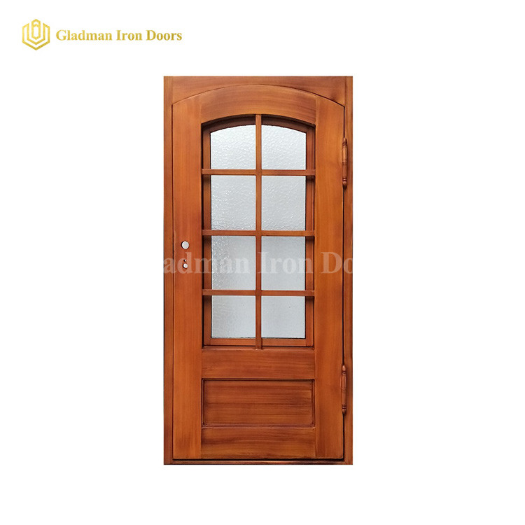 Popular Wooden Color Single Door With Eyebrow Glass and Square Frame and Threshold- 40 x 96 x 6 Inches-Right Hand Outswing