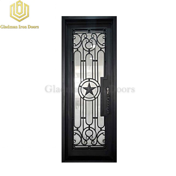 Square Top Wrought Iron Door Thermal Break With ADA Threshold Pentagram Design