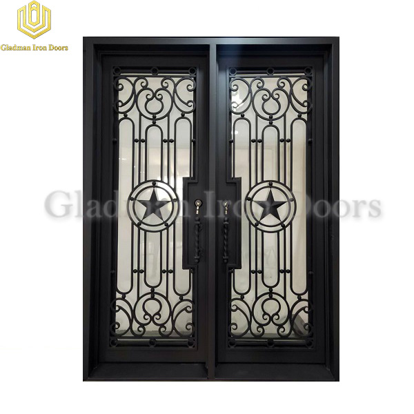 Double Wrought Iron Front Door Square Top Thermal Break With ADA Threshold Pentagram Design