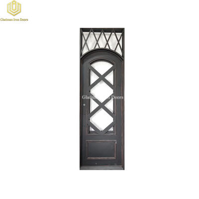 Square Top Wrought Iron Front Door Single Gate Cross Design Black w/Copper Accents