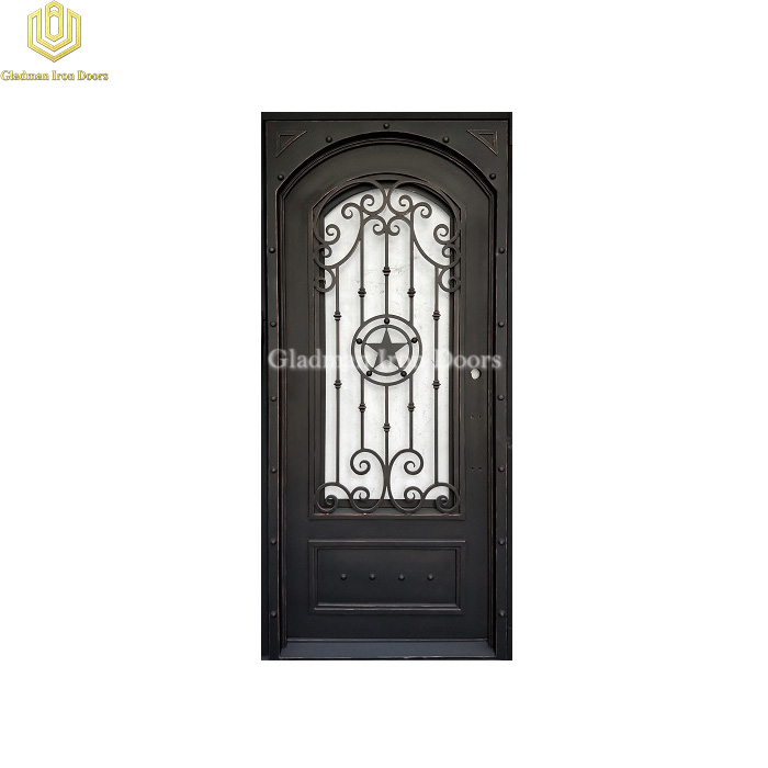 Square Jamb Eyebrown Door Top Wrought Iron Front Door Single Gate Pentagram Design