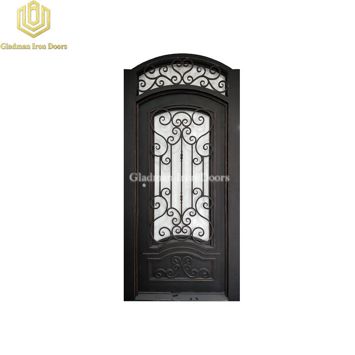 Eyebrow Top Wrought Iron Front Door Single Gate Design Lantern W/Subtle Copper Edges