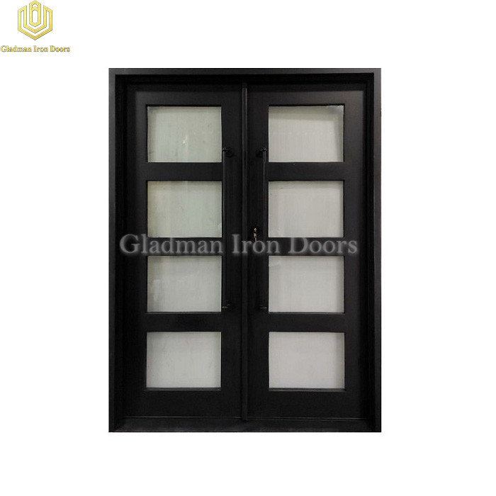Double Wrought Iron Front Door Square Top Black W/ Fixed Glass