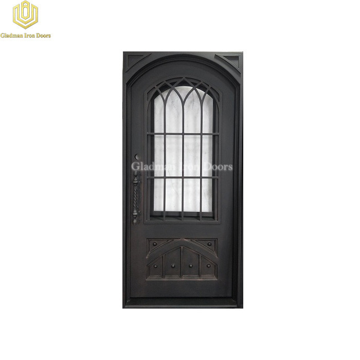 Square Frame Arch Top Wrought Iron Front Door Single Gate W/ Special Kickplate Design