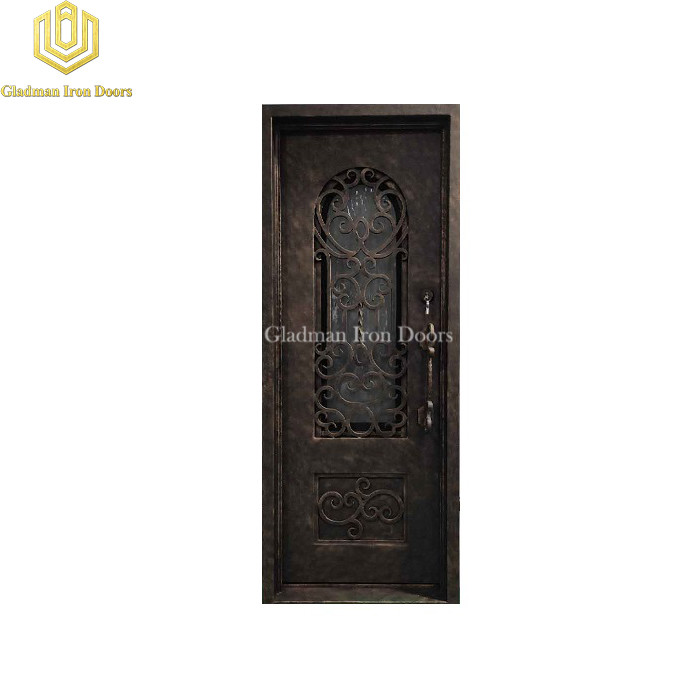 Square Top Wrought Iron Front Door Single Gate Design W/ Ripple Glass