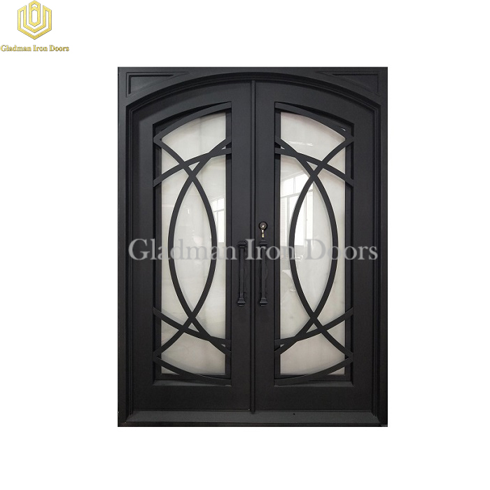 Double Wrought Iron Front Door Eyebrow Door W/ Cross Flat Bar Matte Black