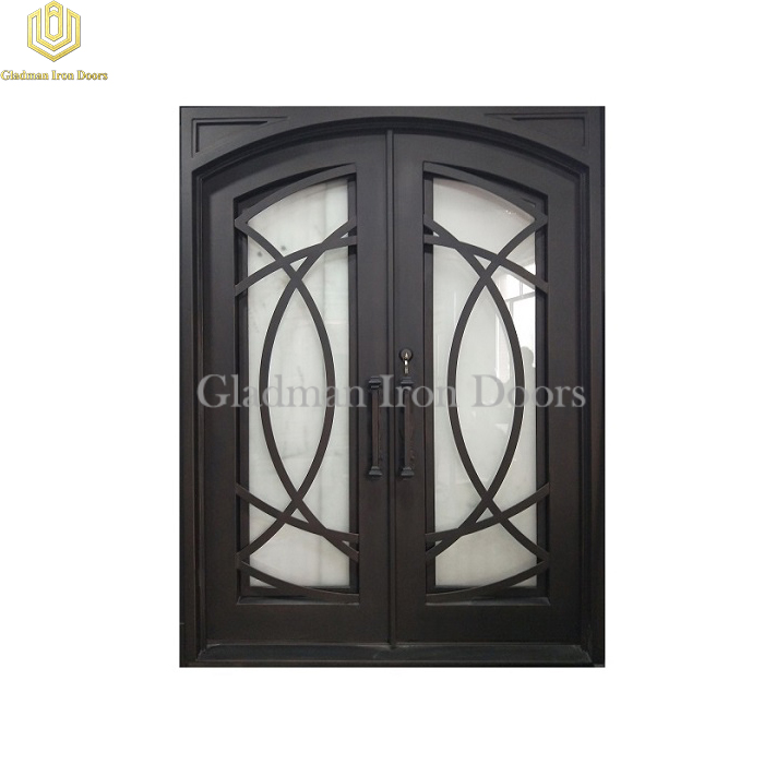 Double Wrought Iron Front Door Square Top Eyebrow Door W/ Cross Flat Bar Aged Bronze Patina