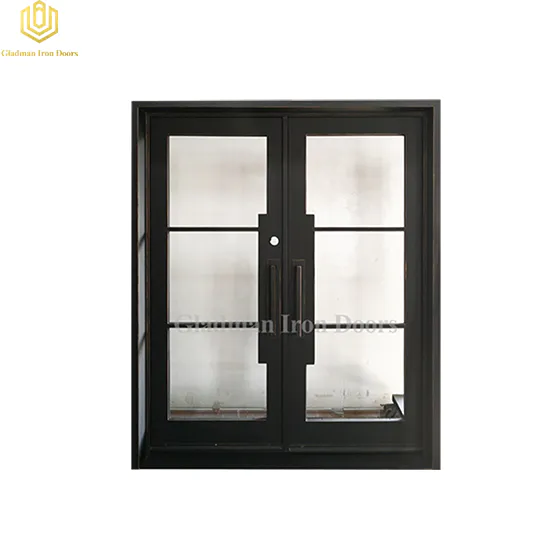 Double Wrought Iron Front Door Square Coal w/Copper Accents And Clear Glass 68.5*81.5Inch