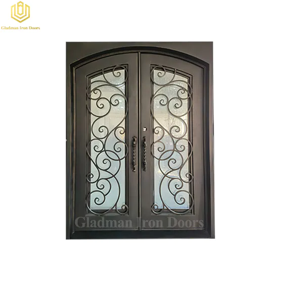 Eyebrow Top Design Wrought Iron Security Double Door W/ Frame and Threshold