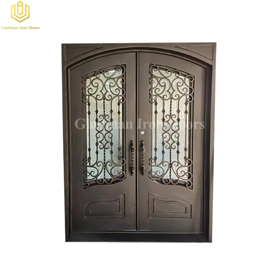 Eyebrow Ornamental Forged Iron Double Doors with Elegant Kickpanel
