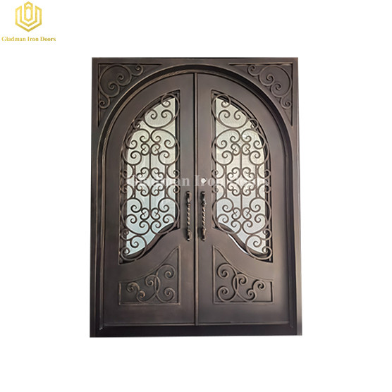 New Entry Bronze Patina Operable Glass Window Double Wrought Iron Door