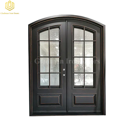 Eyebrow Top Design Full-Round Wrought Iron Security Double Door W/ Frame and Threshold