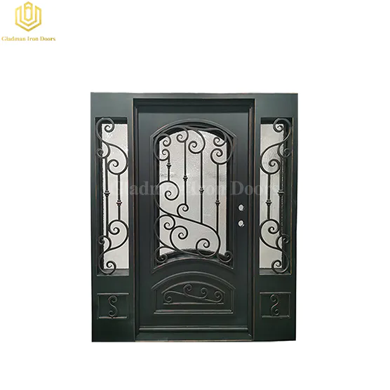 Exterior Security Entrance Laser Cut Double Wrought Iron Wine Cellar Door with Sidelights