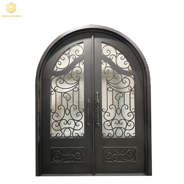 Double Wrought Iron Front Door Arched Top Black