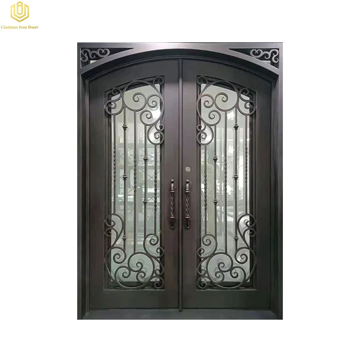Iron entry Door Flat-Top Hollow Design With Opaque Glass