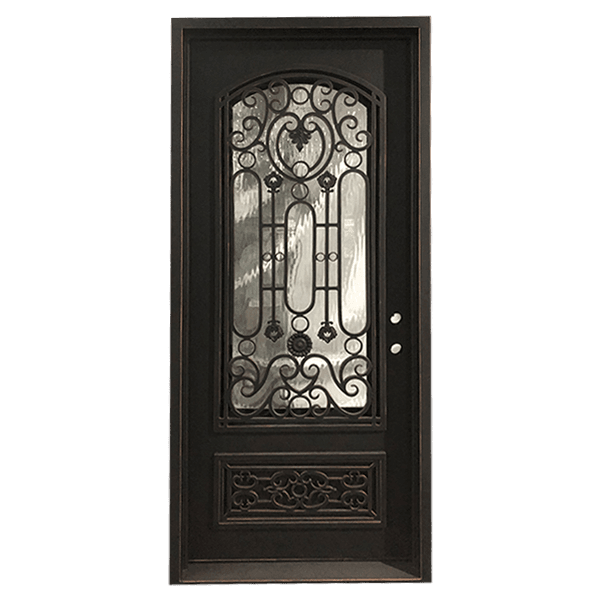 Square Top Wrought Iron Front Door Single Gate Design Lantern Flemish Glass W/ Subtle Copper Edges
