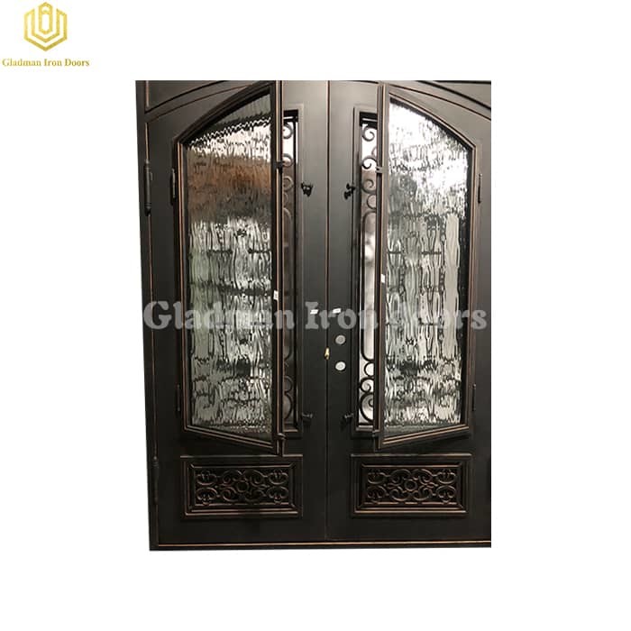 Double Wrought Iron Front Door Entry Door Square Top Flemish Glass Latern W/ cooper 74 1/2 x 98