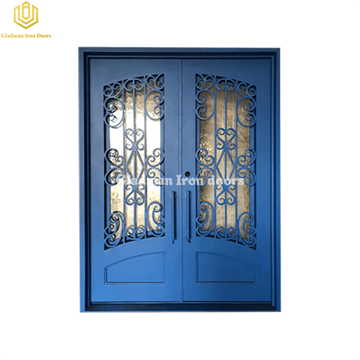 Double Wrought Iron Front Door Square Top Flemish Glass W/ Customized color