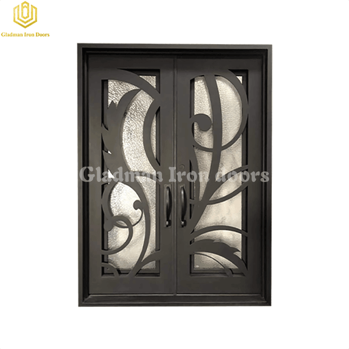 Double Wrought Iron Front Door Square Top Aquatex Glass Matte black W/ Customized design GSD-42